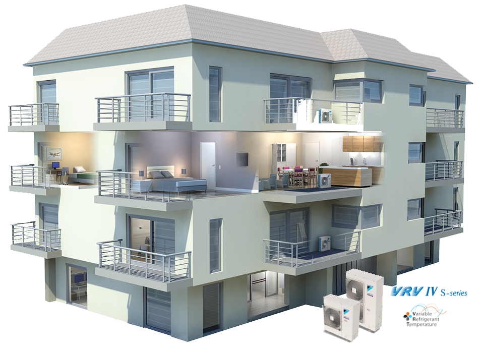 Cutaway view of a multi-family building with ductless mini split HVAC systems